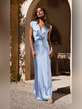Billy J Satin Maxi Dress in Sky Blue V-Neck